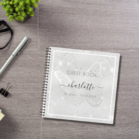 Guest book jarig zilveren vlinderglitter notitieboek