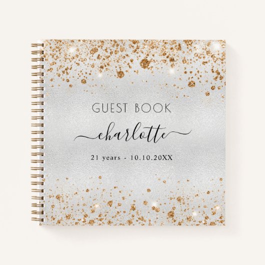 Guest book jarig zilvergoudglitter monogram notitieboek (Voorkant)