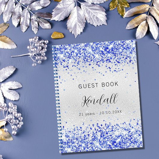 Guest book jarig zilverroyal blauwe glitter notitieboek
