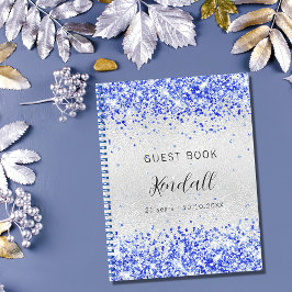 Guest book jarig zilverroyal blauwe glitter notitieboek