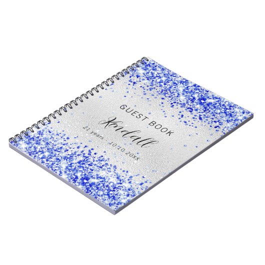 Guest book jarig zilverroyal blauwe glitter notitieboek (Linkerzijde)