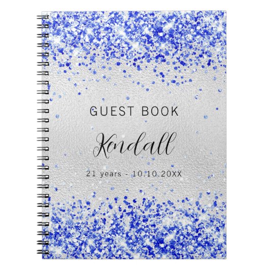 Guest book jarig zilverroyal blauwe glitter notitieboek (Voorkant)
