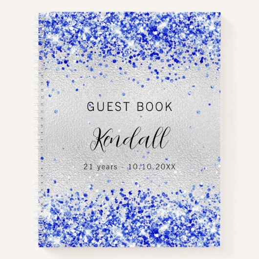 Guest book jarig zilverroyal blauwe glitter notitieboek (Voorkant)