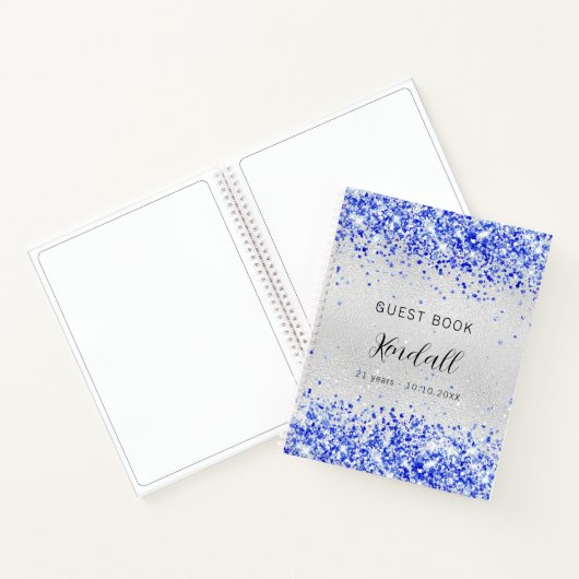 Guest book jarig zilverroyal blauwe glitter notitieboek (Binnen)