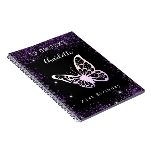 Guest book jarig zwarte paarse glitter vlinder notitieboek (Rechterzijde)
