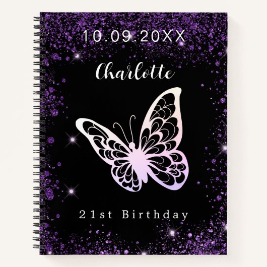 Guest book jarig zwarte paarse glitter vlinder notitieboek (Voorkant)