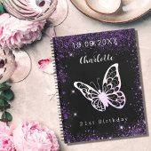 Guest book jarig zwarte paarse glitter vlinder notitieboek