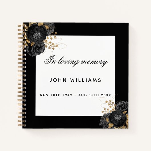 Guest book memorial black white floral notitieboek (Voorkant)