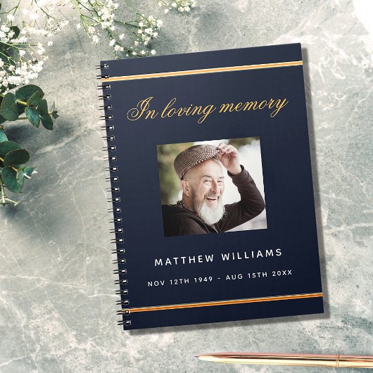 Guest book memorial blauwe goudfoto notitieboek