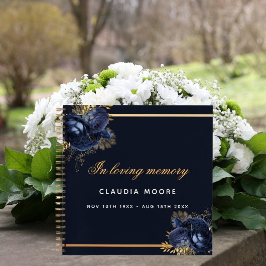 Guest book memorial blue gold floral notitieboek