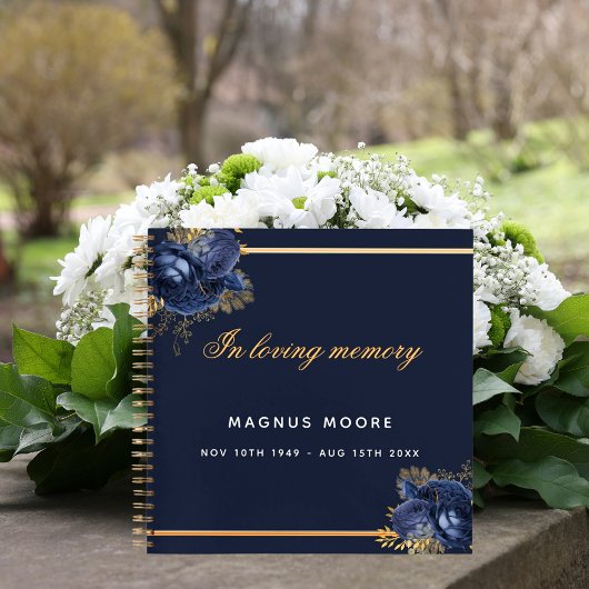 Guest book memorial blue gold floral notitieboek