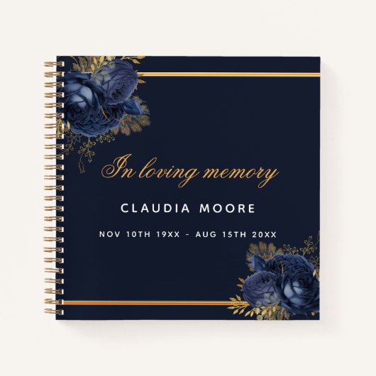 Guest book memorial blue gold floral notitieboek (Voorkant)
