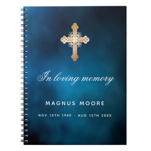 Guest book memorial blue sky gold cross notitieboek (Voorkant)
