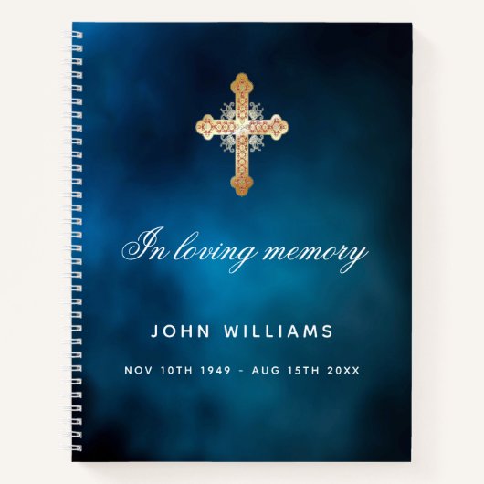 Guest book memorial blue sky gold cross notitieboek (Voorkant)