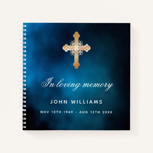 Guest book memorial blue sky gold cross notitieboek (Voorkant)