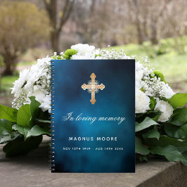 Guest book memorial blue sky gold cross notitieboek