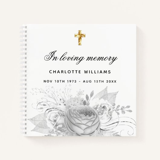 Guest book memorial floral white Silver Notitieboek (Voorkant)
