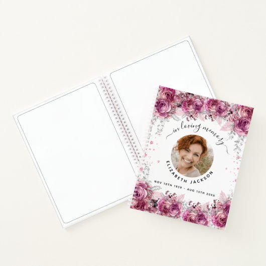 Guest book memorial roze florale foto begrafenis notitieboek (Binnen)