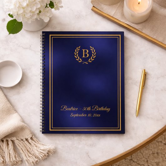 Guest Book navy blue gold Monogram wreath Birthday Notitieboek