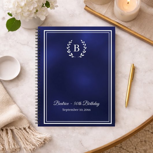 Guest Book navy blue Monogram wreath Birthday Notitieboek