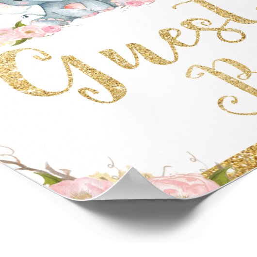 Guest Book Pink Floral Elephant Baby shower Sign. Poster (Hoek)