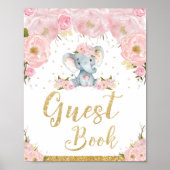Guest Book Pink Floral Elephant Baby shower Sign. Poster (Voorkant)