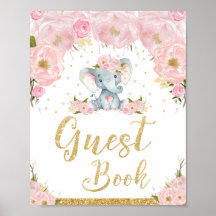 Guest Book Pink Floral Elephant Baby shower Sign.