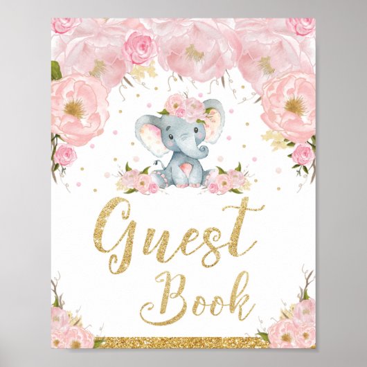 Guest Book Pink Floral Elephant Baby shower Sign. Poster (Voorkant)