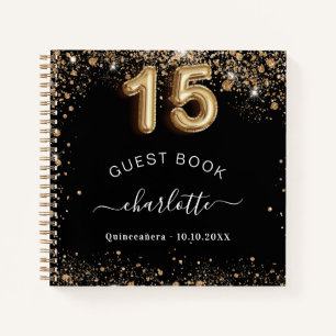 Guest book Quinceanera black gold glitter name Notitieboek
