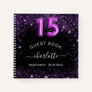 Guest book Quinceanera black paarse glitter name Notitieboek