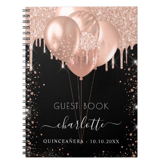 Guest book Quinceanera Black roos gold ballonnen Notitieboek (Voorkant)