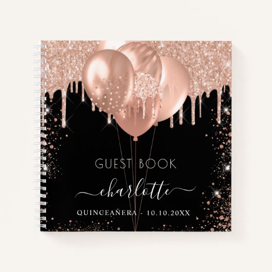 Guest book Quinceanera Black roos gold ballonnen Notitieboek (Voorkant)