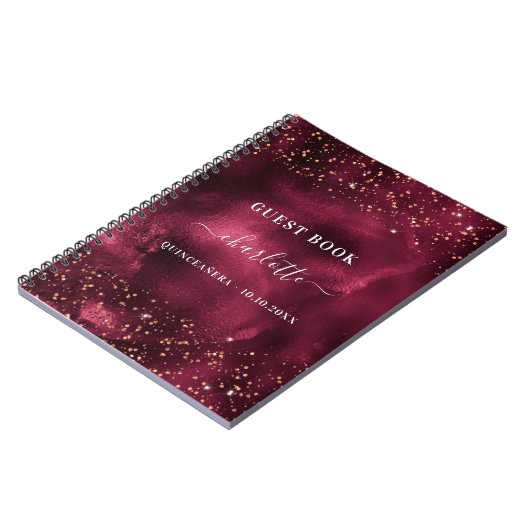 Guest book Quinceanera burgundy roos goudglitter Notitieboek (Linkerzijde)