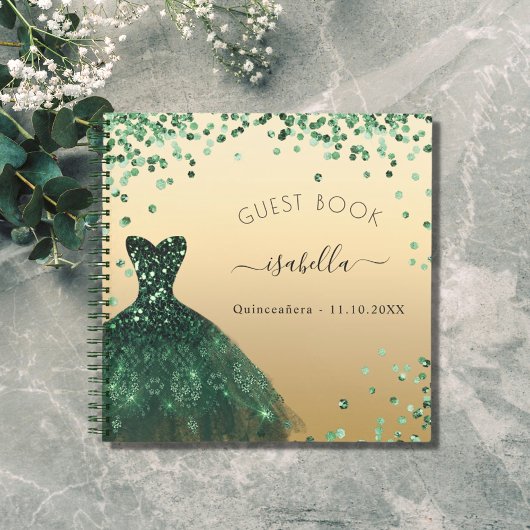 Guest book Quinceanera emerald green goudjurk Notitieboek