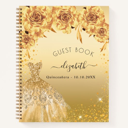 Guest book Quinceanera Gold glitter jurk Notitieboek (Voorkant)