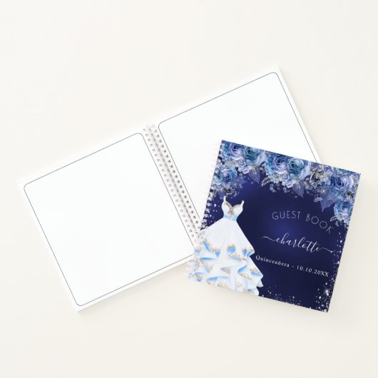 Guest book Quinceanera navy blue florals jurk Notitieboek (Binnen)