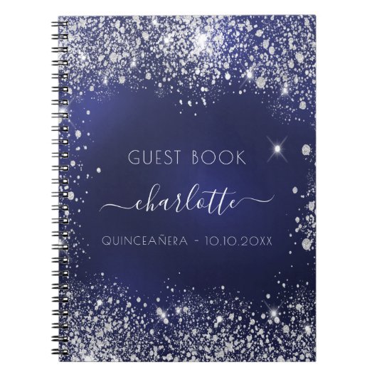 Guest book Quinceanera navy blue zilver glitter Notitieboek (Voorkant)
