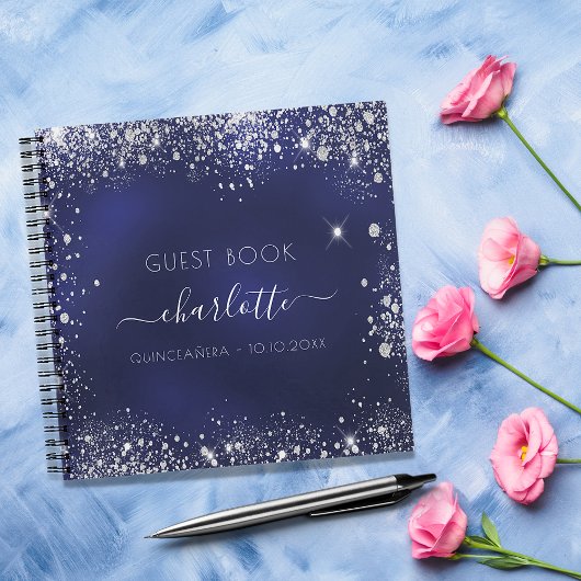Guest book Quinceanera navy blue zilver glitter Notitieboek