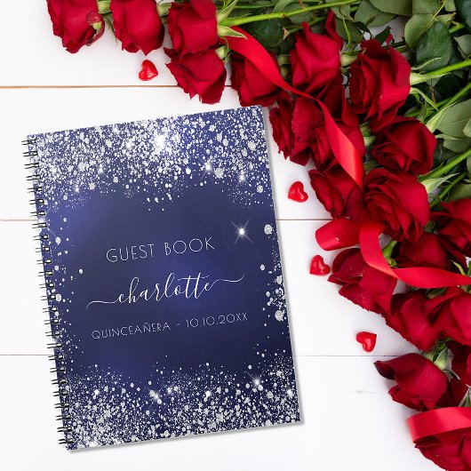 Guest book Quinceanera navy blue zilver glitter Notitieboek