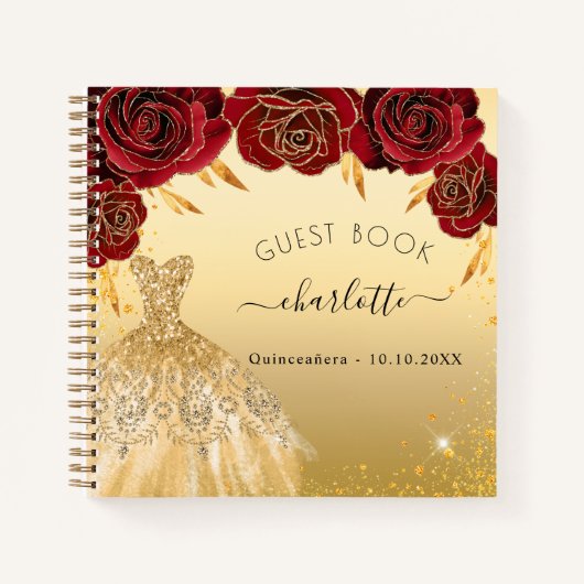 Guest book Quinceanera red gold glitter jurk Notitieboek (Voorkant)