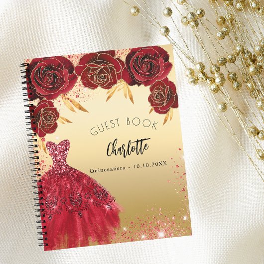Guest book Quinceanera red gold glitter jurk Notitieboek