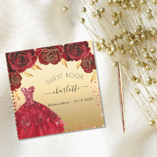 Guest book Quinceanera red gold glitter jurk Notitieboek