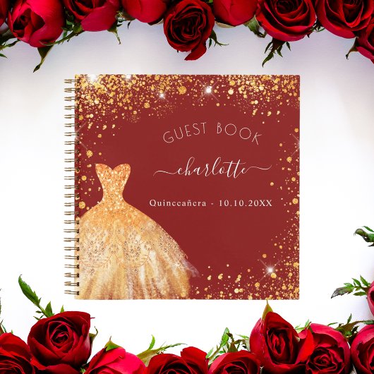 Guest book Quinceanera red gold glitter jurk Notitieboek