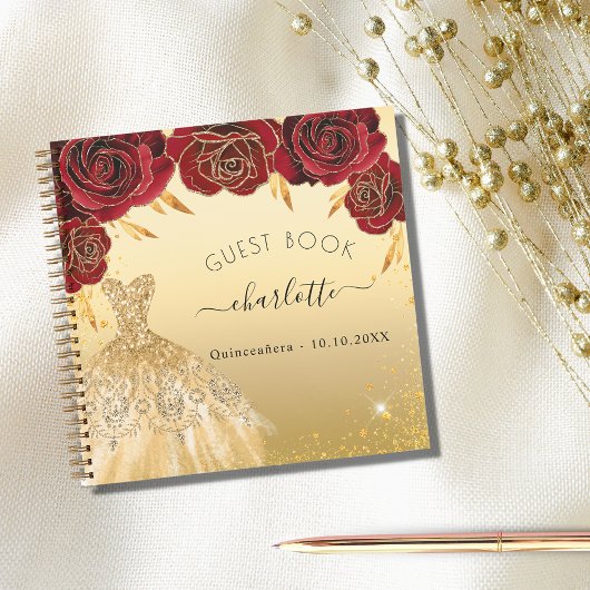 Guest book Quinceanera red gold glitter jurk Notitieboek