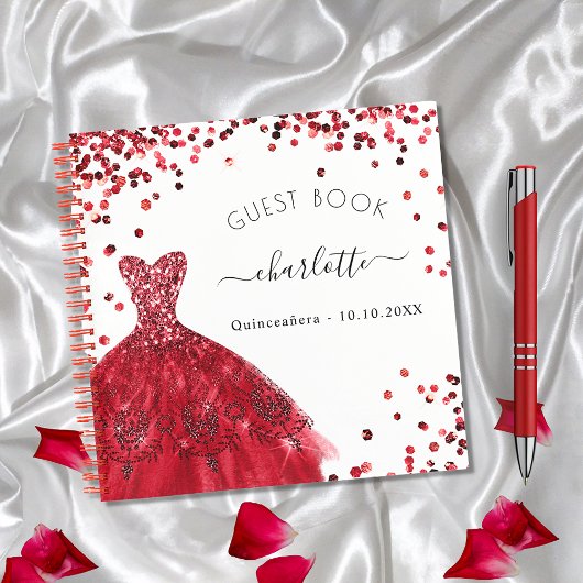 Guest book Quinceanera red white glitter jurk Notitieboek