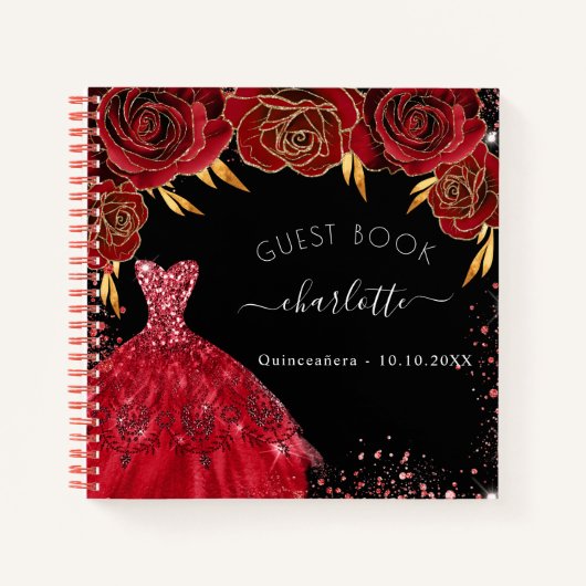 Guest book Quinceanera red zwarte jurk glitter Notitieboek (Voorkant)