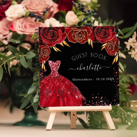 Guest book Quinceanera red zwarte jurk glitter Notitieboek