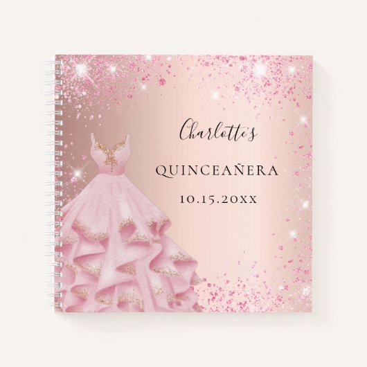 Guest book Quinceanera roos blush glitter jurk Notitieboek (Voorkant)