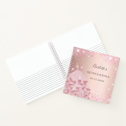 Guest book Quinceanera roos blush glitter jurk Notitieboek (Binnen)