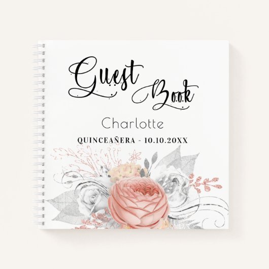 Guest book Quinceanera roos gold floral Silver Notitieboek (Voorkant)